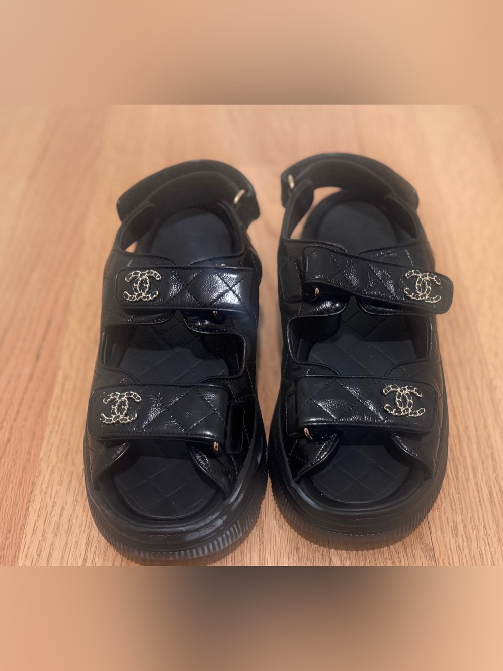 CHANEL Black Quilted Dad Logo Sandals size 38